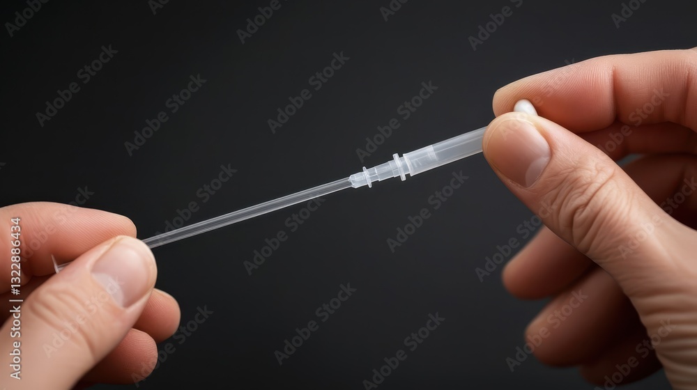 Human Hands Holding Transparent Medical Device Against Dark Background Human Hands Holding Transparent Medical Device Against Dark Background