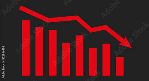 Red downward chart. Financial market crash with red arrow. Flat vector illustration isolated on white background.