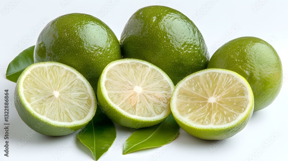 Fresh Green Limes with Leaves on White Background Fresh Green Limes with Leaves on White Background