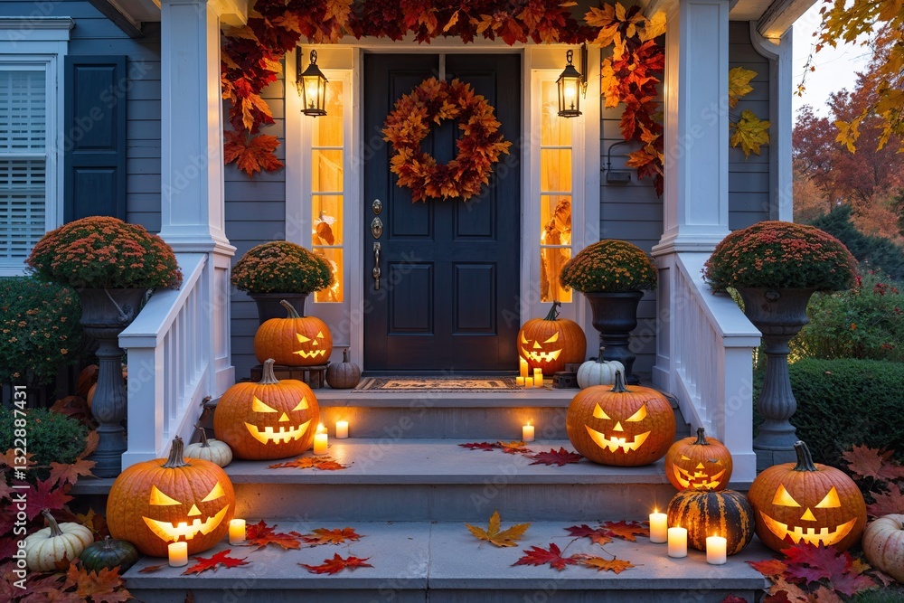 Obraz premium Halloween Porch Decoration Ideas with Carved Pumpkins Flickering Candles and Autumn Leaves