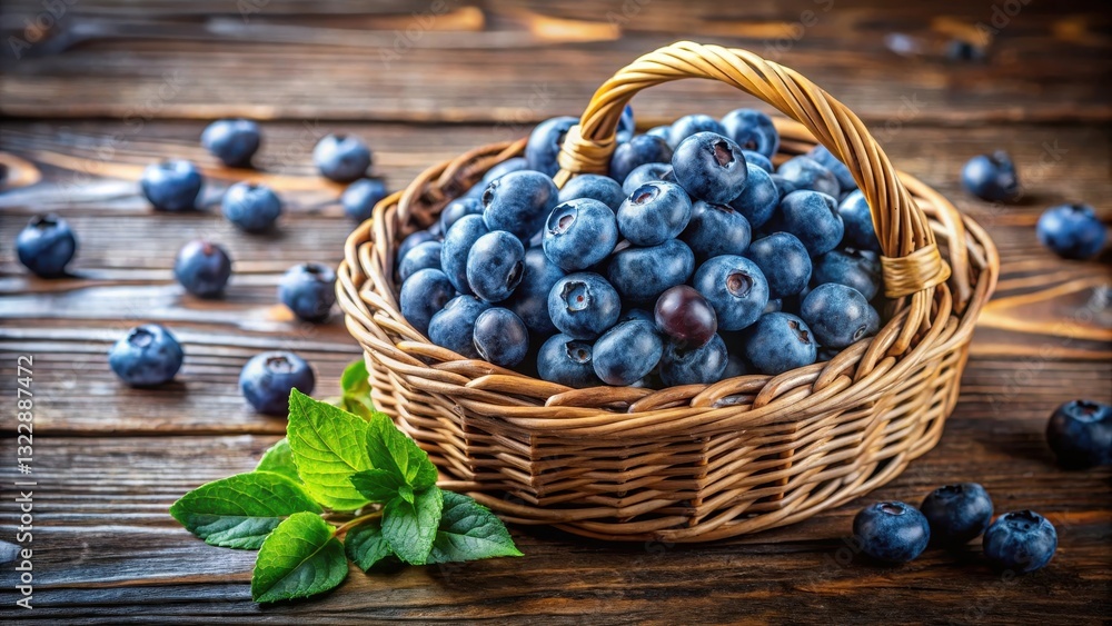 freshly picked blueberries in a rustic wicker basket on a wooden table with natural textures and earthy tones, natural textures, berry picking freshly picked blueberries in a rustic wicker basket on a wooden table with natural textures and earthy tones, natural textures, berry picking