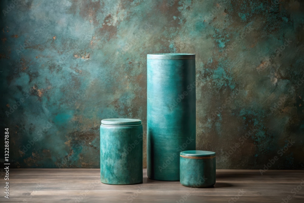 Teal Cylindrical Containers on Rustic Wooden Surface Against Textured Wall Teal Cylindrical Containers on Rustic Wooden Surface Against Textured Wall
