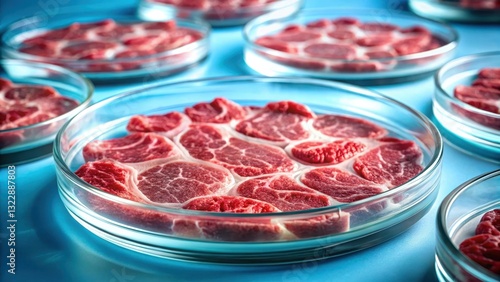 Microscopic view of lab-grown meat cells in a petri dish, culture, biotechnology,  culture