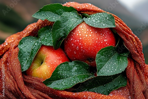 Fresh Apples Wrapped in Leaves with Water Droplets and Elegant Fabric Background
