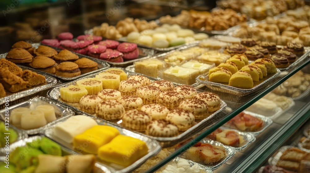 A display cabinet showcases assorted cakes and pastries of different types A display cabinet showcases assorted cakes and pastries of different types