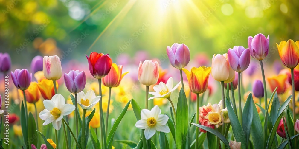 Vibrant tulips and daffodils surround a lush greenery backdrop with soft pastel hues, evoking feelings of renewal and growth , garden background, nature Vibrant tulips and daffodils surround a lush greenery backdrop with soft pastel hues, evoking feelings of renewal and growth , garden background, nature
