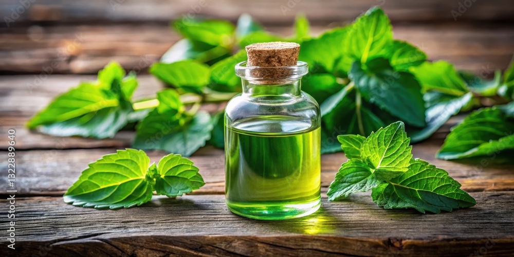 Aromatic glass bottle filled with a fragrant green liquid surrounded by fresh patchouli leaves on a wooden surface, plant, essential oils Aromatic glass bottle filled with a fragrant green liquid surrounded by fresh patchouli leaves on a wooden surface, plant, essential oils