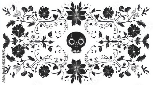 Ornate Black and White Skull with Floral Frame Illustration