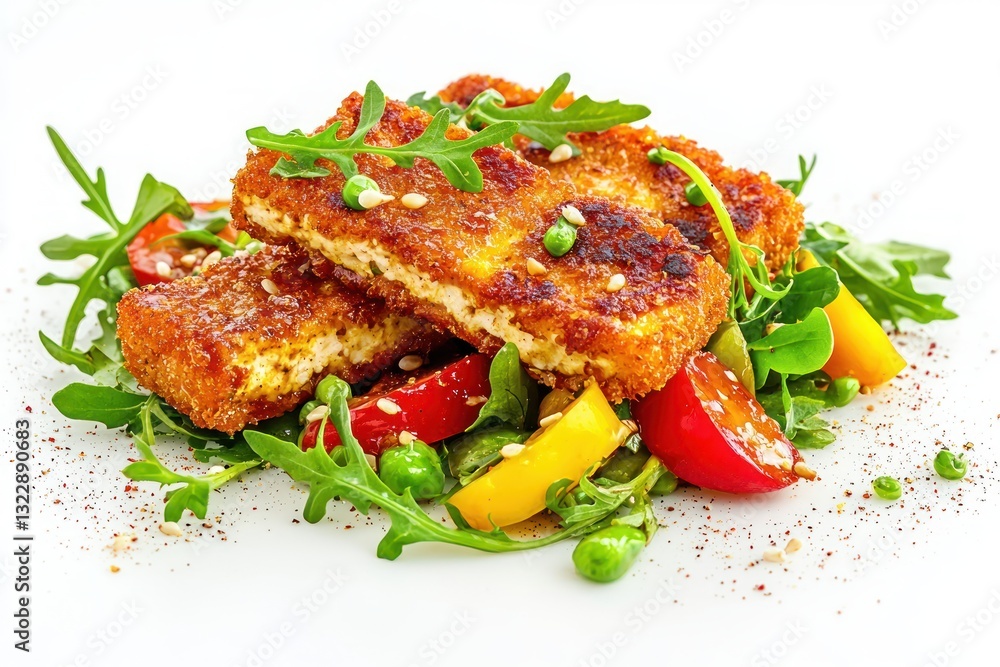 Golden brown fried tofu on bed of arugula with fresh vegetables on white background studio shot Golden brown fried tofu on bed of arugula with fresh vegetables on white background studio shot