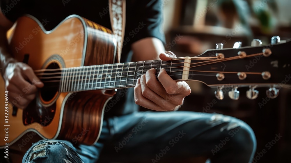 Fototapeta premium A musicians hands playing an acoustic guitar instrument strings