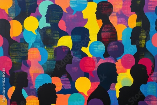 Silhouette People Talking with Colorful Speech Bubbles Communication Concept