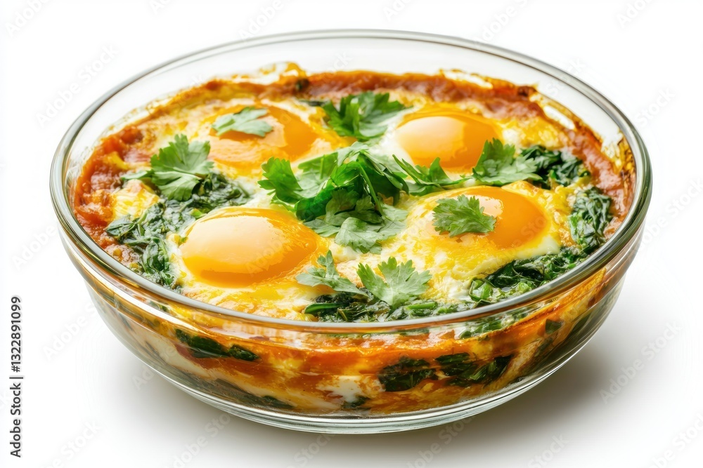 Delicious Shakshuka with Eggs Spinach and Tomato Sauce in Glass Baking Dish Perfect Morning Breakfast Dish Delicious Shakshuka with Eggs Spinach and Tomato Sauce in Glass Baking Dish Perfect Morning Breakfast Dish