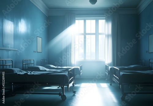 Sunlit Hospital Ward Empty Beds in a Dimly Lit Room