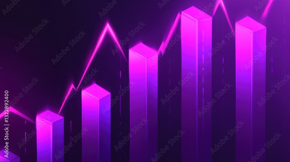 Abstract Isometric 3D Bar Chart Showing Growth, Purple and Pink Neon Glowing Lines on Dark Background