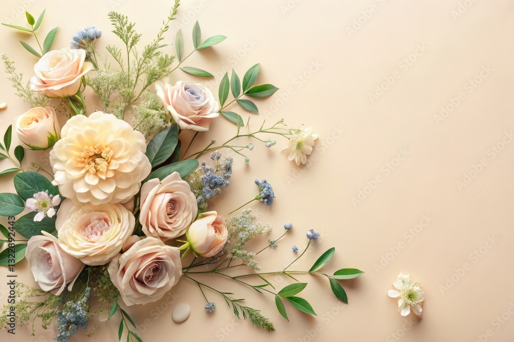 Elegant Pastel Floral Arrangement on Neutral Background Delicate Roses, Dahlias, and Other Blooms Create a Serene and Romantic Setting Elegant Pastel Floral Arrangement on Neutral Background Delicate Roses, Dahlias, and Other Blooms Create a Serene and Romantic Setting