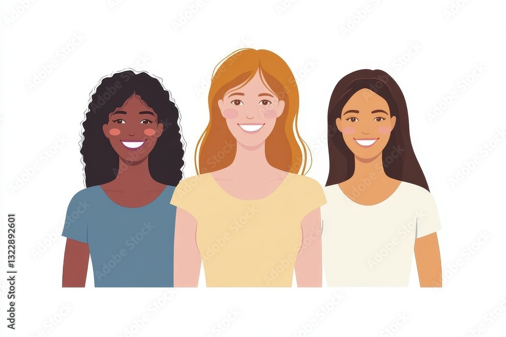 Group of happy smiling women of different race together. Flat style illustration isolated on white. Feminism diversity tolerance girl power concept Group of happy smiling women of different race together. Flat style illustration isolated on white. Feminism diversity tolerance girl power concept