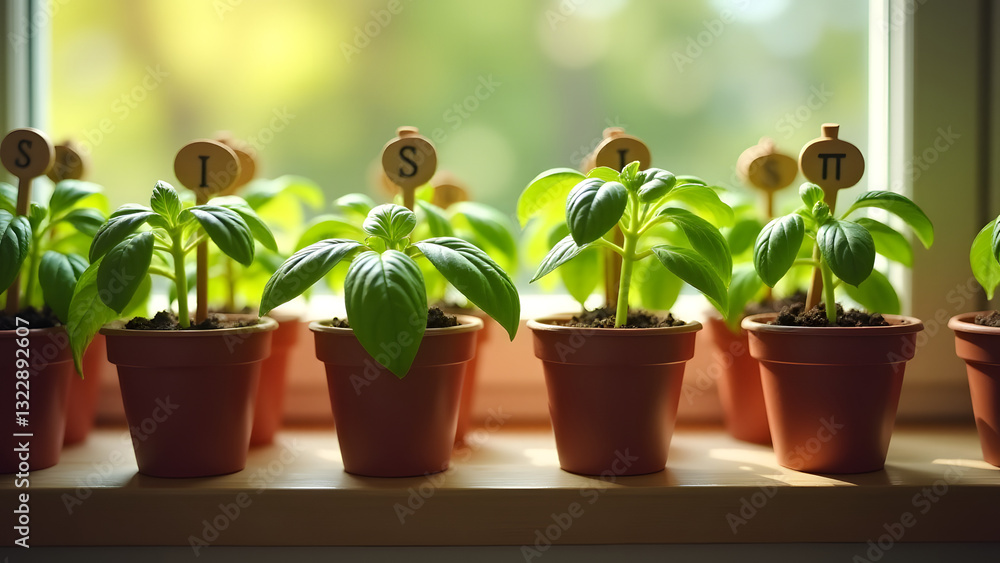 Obraz premium Close-up of small pots with young basil plants, labeled with wooden markers, arranged on a windowsill. The sunlight highlights the fresh leaves, evoking growth and joy in nurturing herbs.