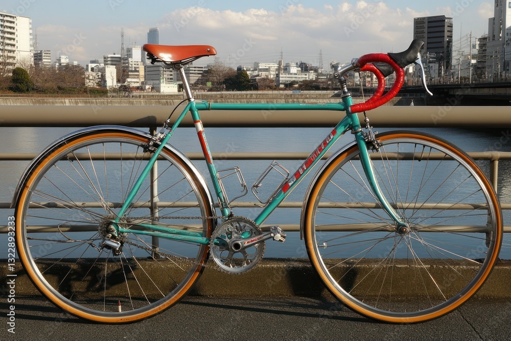 Vintage Bicycle on Riverside Pathway with Cityscape in Background Under Clear Blue Sky