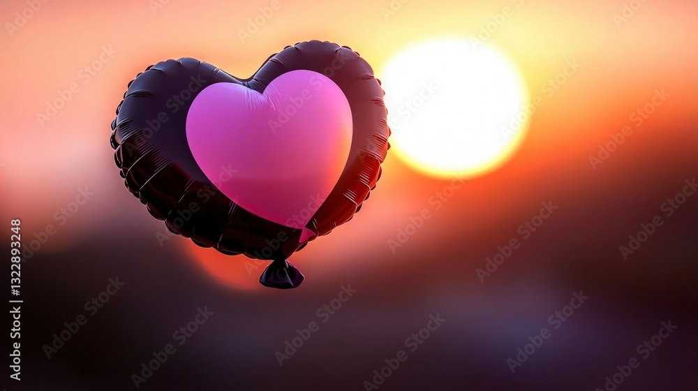 Fototapeta premium Pink Black Heart Balloon Sunset Romantic Love Symbol