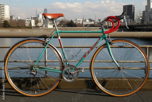 Obraz na płótnie Vintage Bicycle on Riverside Pathway with Cityscape in Background Under Clear Blue Sky w salonie
