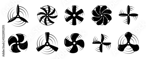 Airplane propellers and motor blades. Plane propellers set. Symbols fan rotating.
