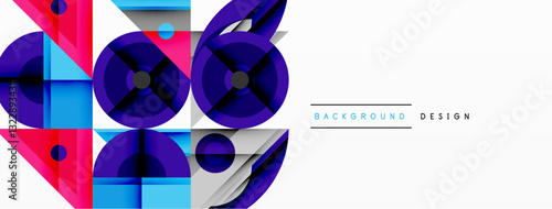 Geometric abstract composition with intersecting shapes, circles, triangles, and gradients, blending vibrant colors and dynamic contrasts to create a modern, futuristic visual design