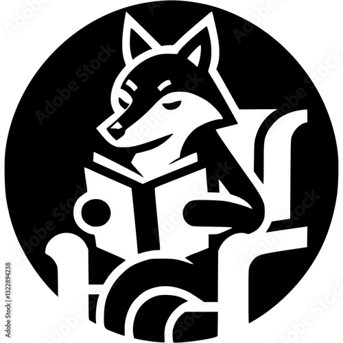 Tattoo of wise old fox sits reading a book in a chair in monochrome. Engraving minimalistic vector in black ink drawing on transparent background