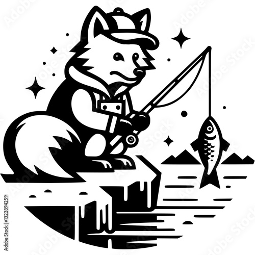 Fox dressed in winter fishing clothes caught a fish with a fishing rod in monochrome. Engraving minimalistic vector in black ink drawing on transparent background