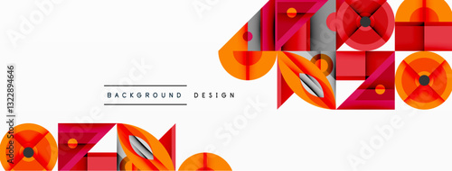Geometric abstract composition with intersecting shapes, circles, triangles, and gradients, blending vibrant colors and dynamic contrasts to create a modern, futuristic visual design