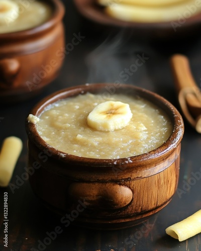 Warm Banana Porridge in Wooden Bowl with Steam and Slices of Banana Garnish