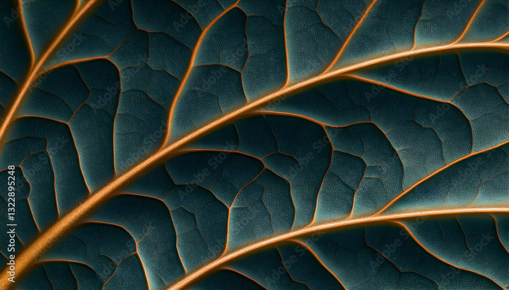 Obraz premium Intricate leaf vein texture, teal and copper tones, detailed macro photography of plant structure, botanical background.