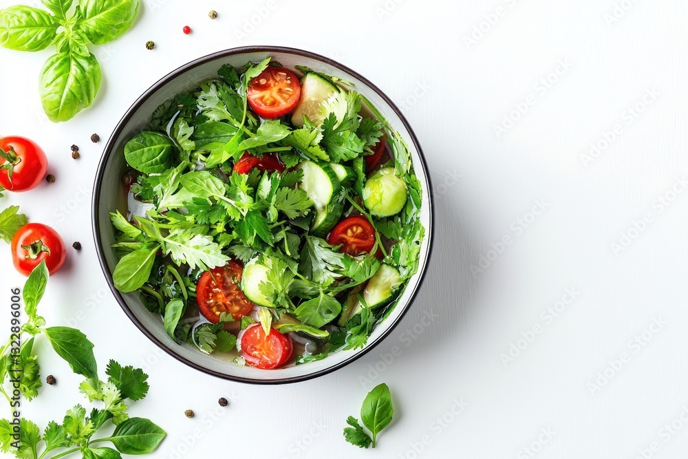 Delicious tomato and cucumber salad with fresh basil in a bowl vibrant healthy and colorful vegetarian food shot from above on white background Delicious tomato and cucumber salad with fresh basil in a bowl vibrant healthy and colorful vegetarian food shot from above on white background