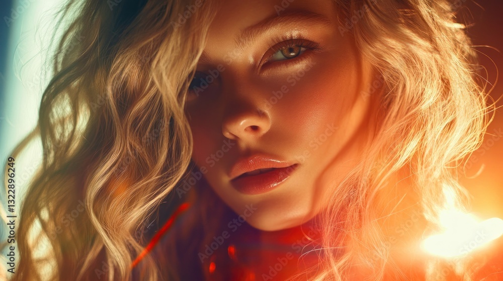 Close-up of a woman with wavy hair illuminated by vibrant lights Close-up of a woman with wavy hair illuminated by vibrant lights