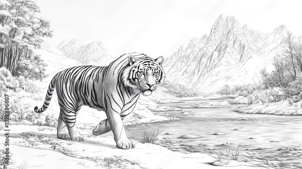 Fototapeta premium Majestic Siberian tiger by river, mountains background; wildlife illustration