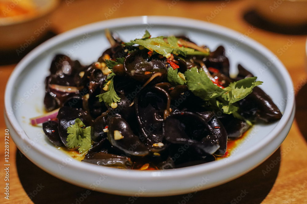 Chinese style black fungus salad with onion and coriander