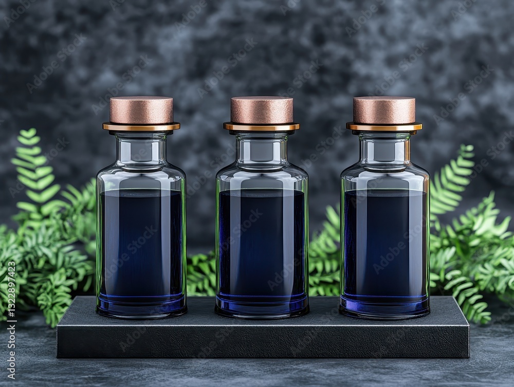 Three elegant glass bottles with copper lids on a textured surface surrounded by greenery Three elegant glass bottles with copper lids on a textured surface surrounded by greenery