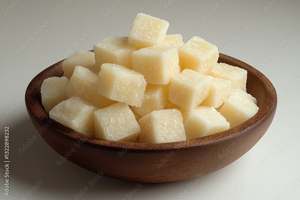 Cubes of Sweet Coconut Candy in a Wooden Bowl on a Smooth Background Cubes of Sweet Coconut Candy in a Wooden Bowl on a Smooth Background