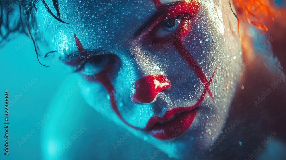 Fototapeta premium Clown portrait with dramatic lighting and water droplets