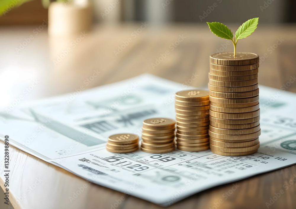 Financial profitability and growth stack of coins on news paper.