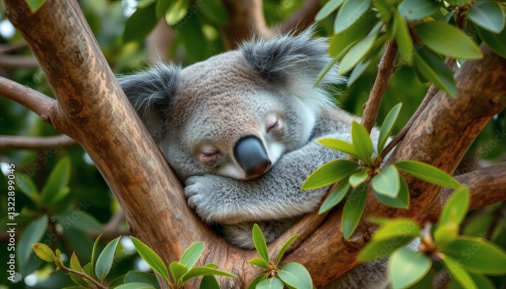 Fototapeta premium Sleeping Koala in a Tree Surrounded by Green Leaves Wildlife Nature Portrait Close Up