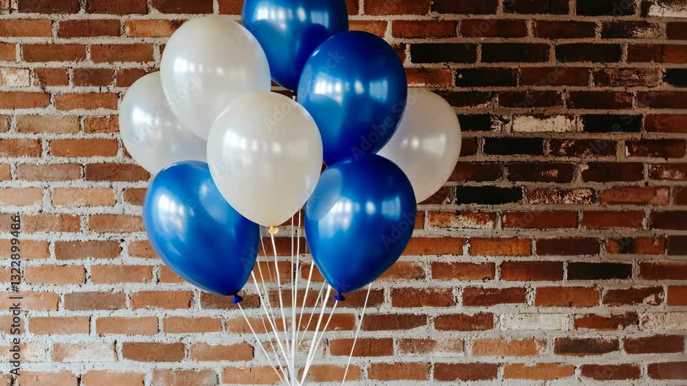 Balloons in blue and white against a rustic brick wall create a festive atmosphere for celebrations