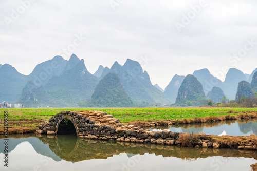 Scenic Beauty of Guilin: Karst Peaks and Ancient Bridge