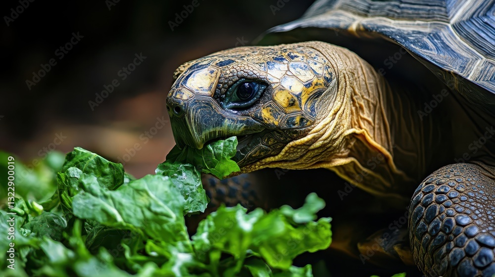 Fototapeta premium The large tortoise is eating fresh green leafy vegetation calmly