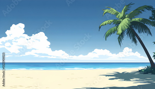Idyllic tropical beach scene; serene ocean, palm tree, and clear blue sky, perfect for travel, vacation, or summer themes.