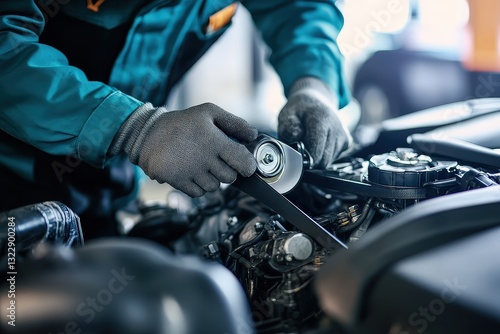 Mechanic Calibrates Timing Belt in Engine for Optimal Performance During Routine Maintenance Inspection