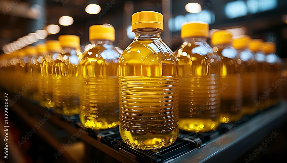 Many bottles of oil are lined up in a factory Many bottles of oil are lined up in a factory