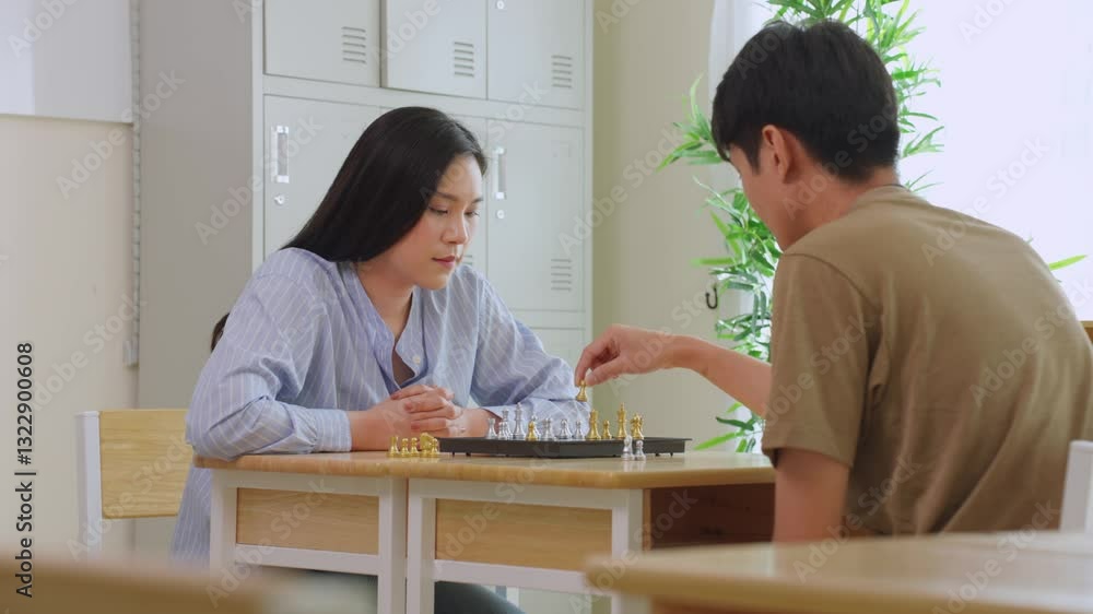 Asian man and woman playing chess game during competition in chess club. Asian man and woman playing chess game during competition in chess club.