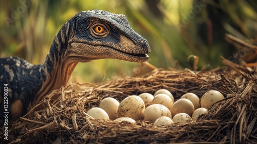 Fototapeta Naklejka Na Ścianę i Meble -  A dinosaur watches over its nest of many eggs
