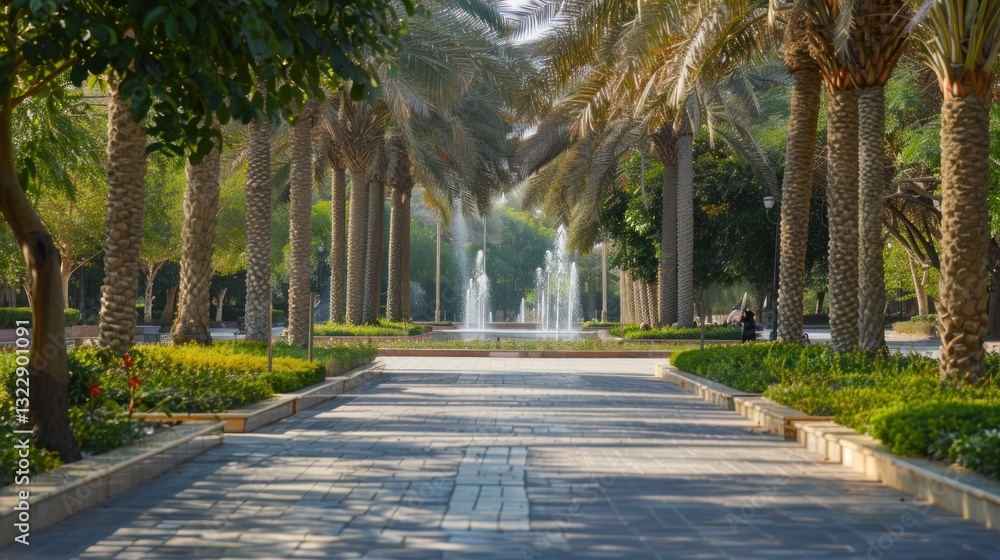 The King Abdullah Park in Riyadh with walking paths and fountains. The King Abdullah Park in Riyadh with walking paths and fountains.