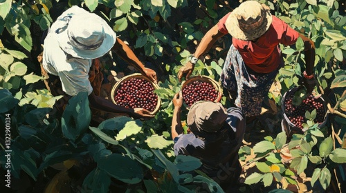 Coffee harvesting workers collecting berries in lush fields tropical region aerial view agricultural scene